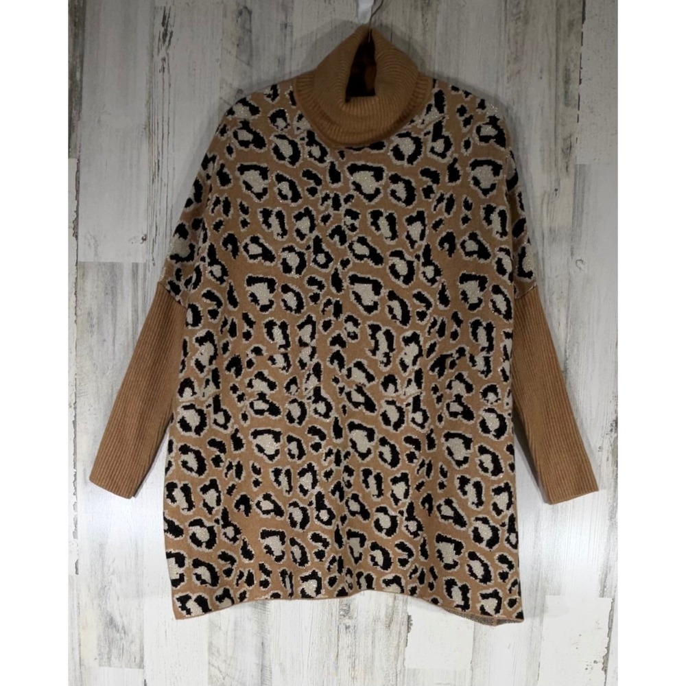 Chicos Pullover Turtleneck Sweater S/M Oversized Camel Leopard Metallic